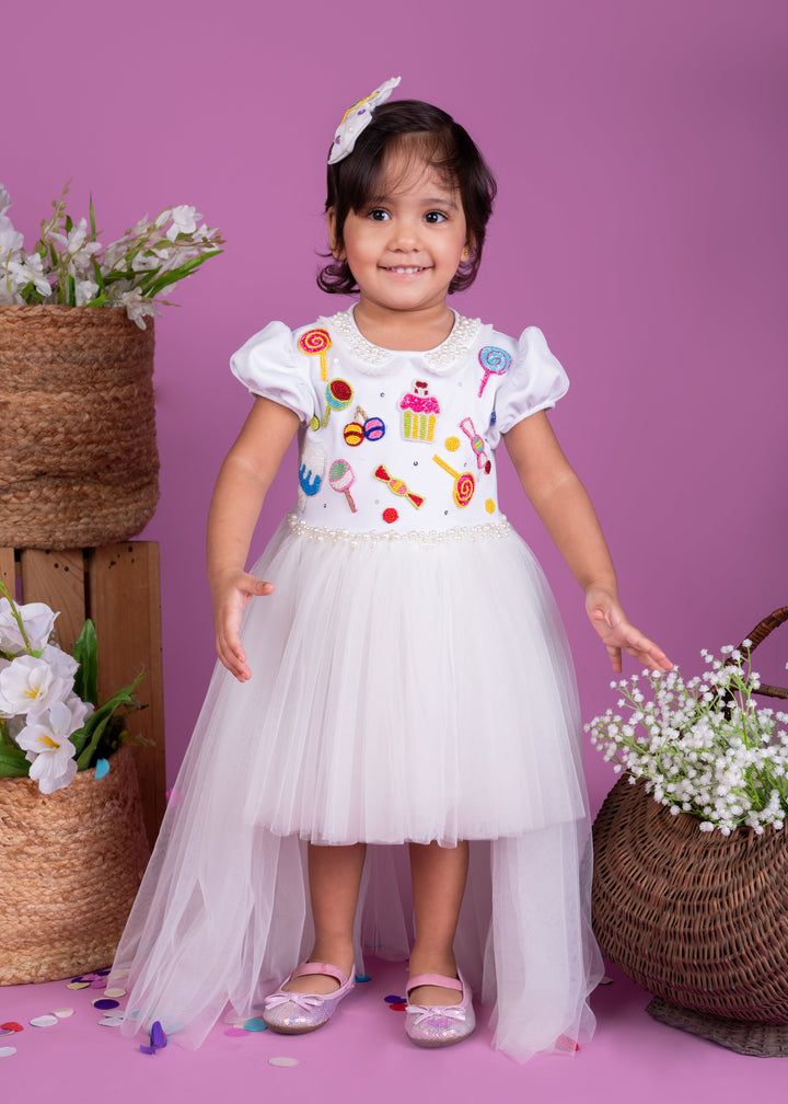White Heavy Candy With High Low Net Dress