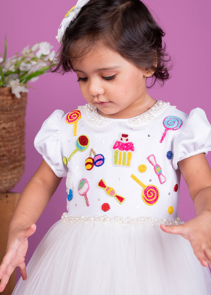 White Heavy Candy With High Low Net Dress