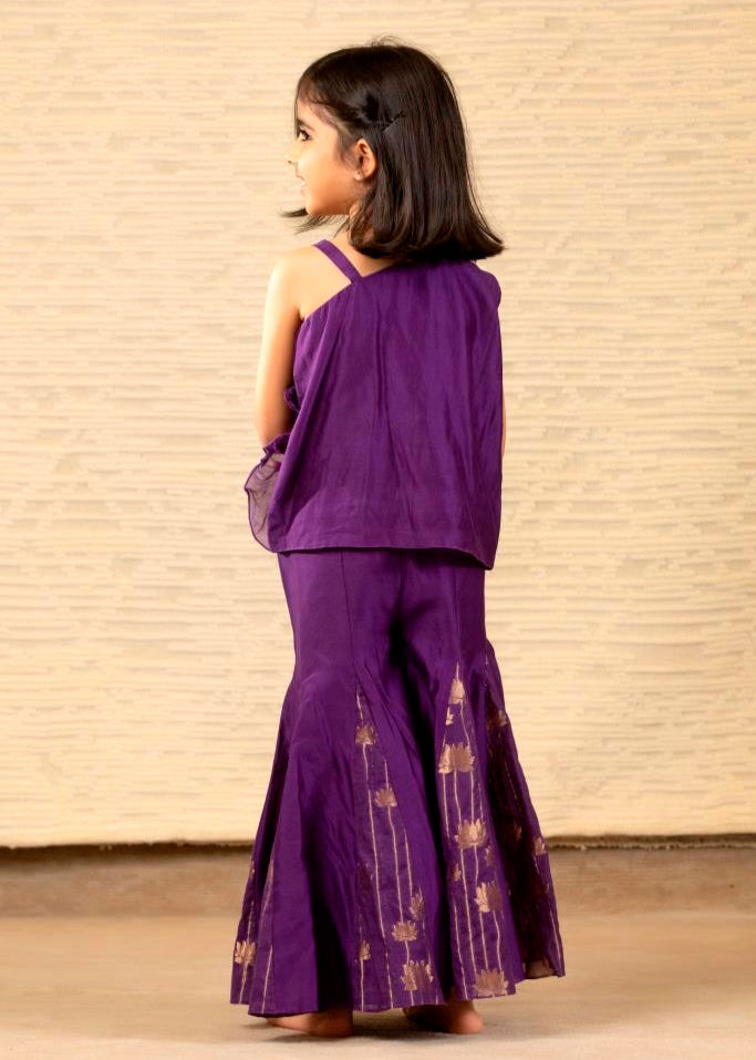 Purple Chanderi Hand Embroidery One shoulder Top With Flared Pant Set