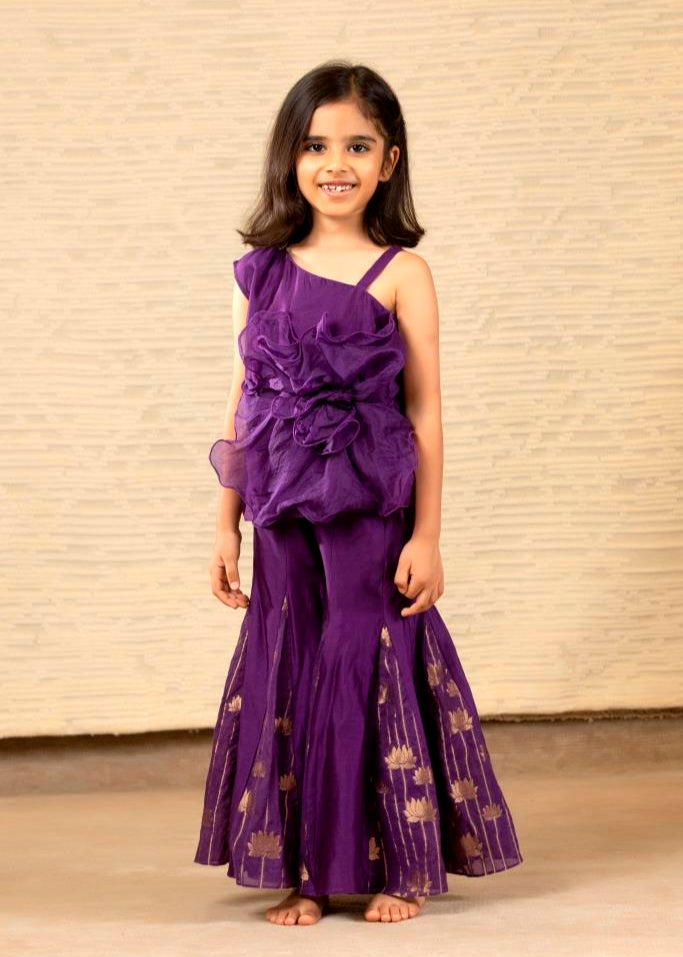 Purple Chanderi Hand Embroidery One shoulder Top With Flared Pant Set