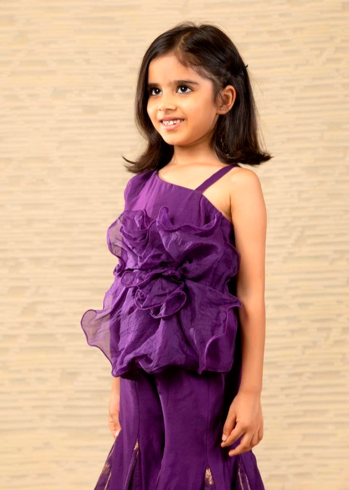 Purple Chanderi Hand Embroidery One shoulder Top With Flared Pant Set