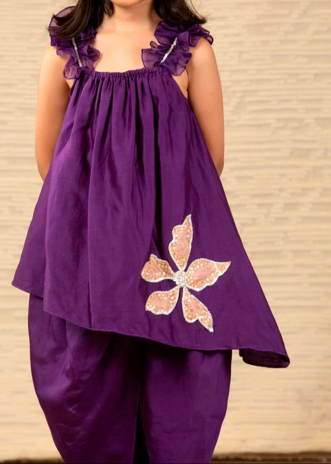 Purple Chanderi Asymmetrical Sleeveless Top With Dhoti Set