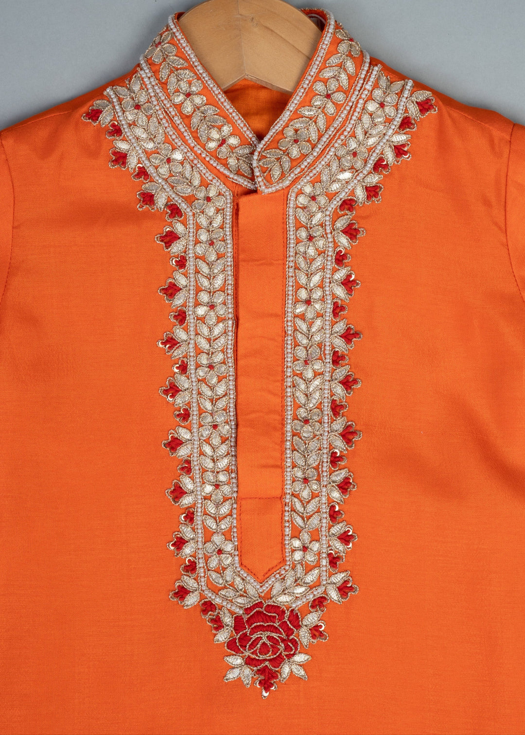 Orange Cotton Embroidered Knot Kurta With Pyjama Set