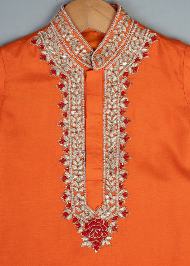 Orange Cotton Embroidered Knot Kurta With Pyjama Set