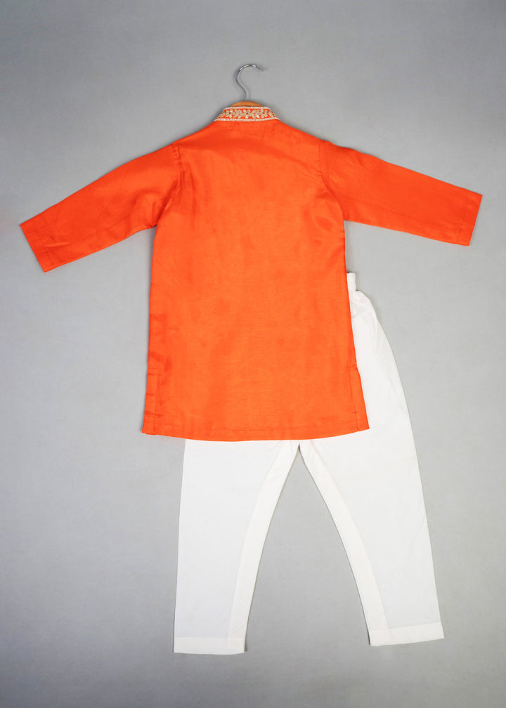 Orange Cotton Embroidered Knot Kurta With Pyjama Set