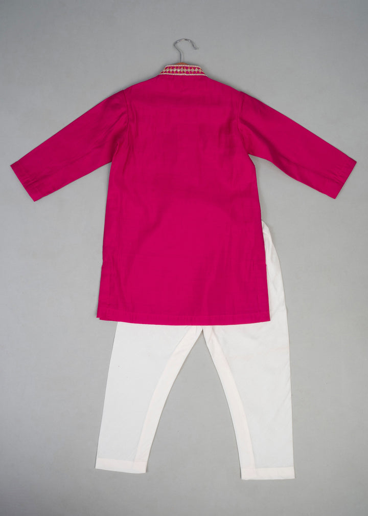 Pink Cotton Embroidered Knot Kurta With Pyjama Set