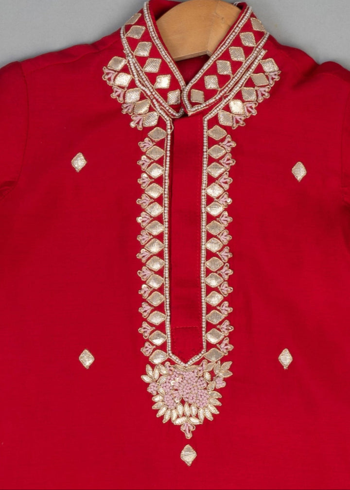 Red Cotton Embroidered Knot Kurta With Pyjama Set