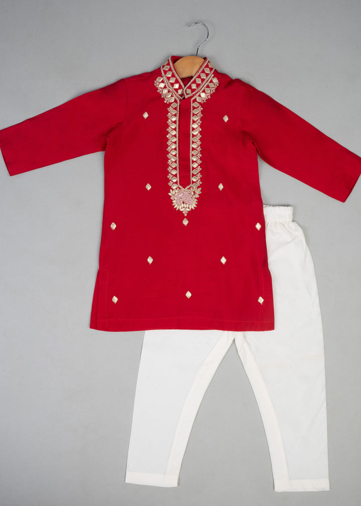 Red Cotton Embroidered Knot Kurta With Pyjama Set