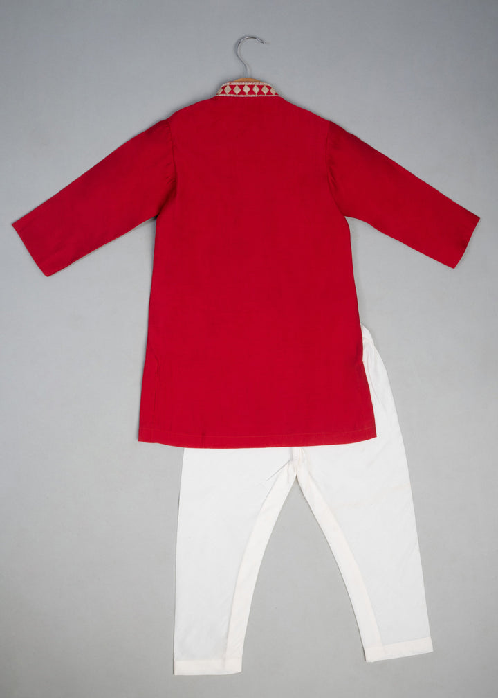 Red Cotton Embroidered Knot Kurta With Pyjama Set