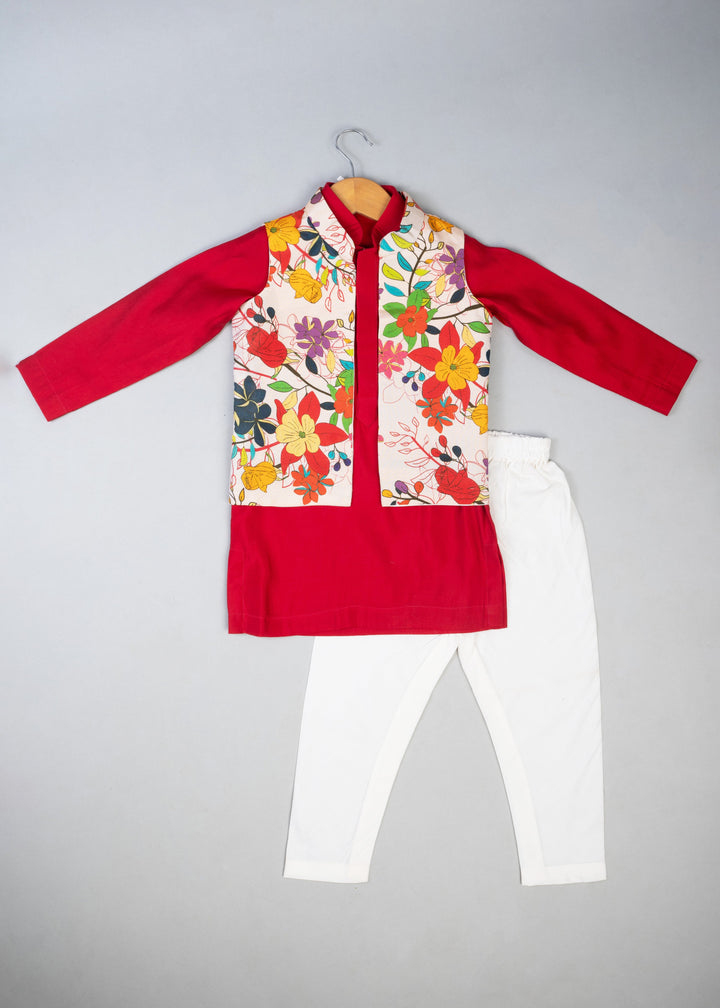 Beige Floral Nehru Jacket Kurta With Pyjama  Set