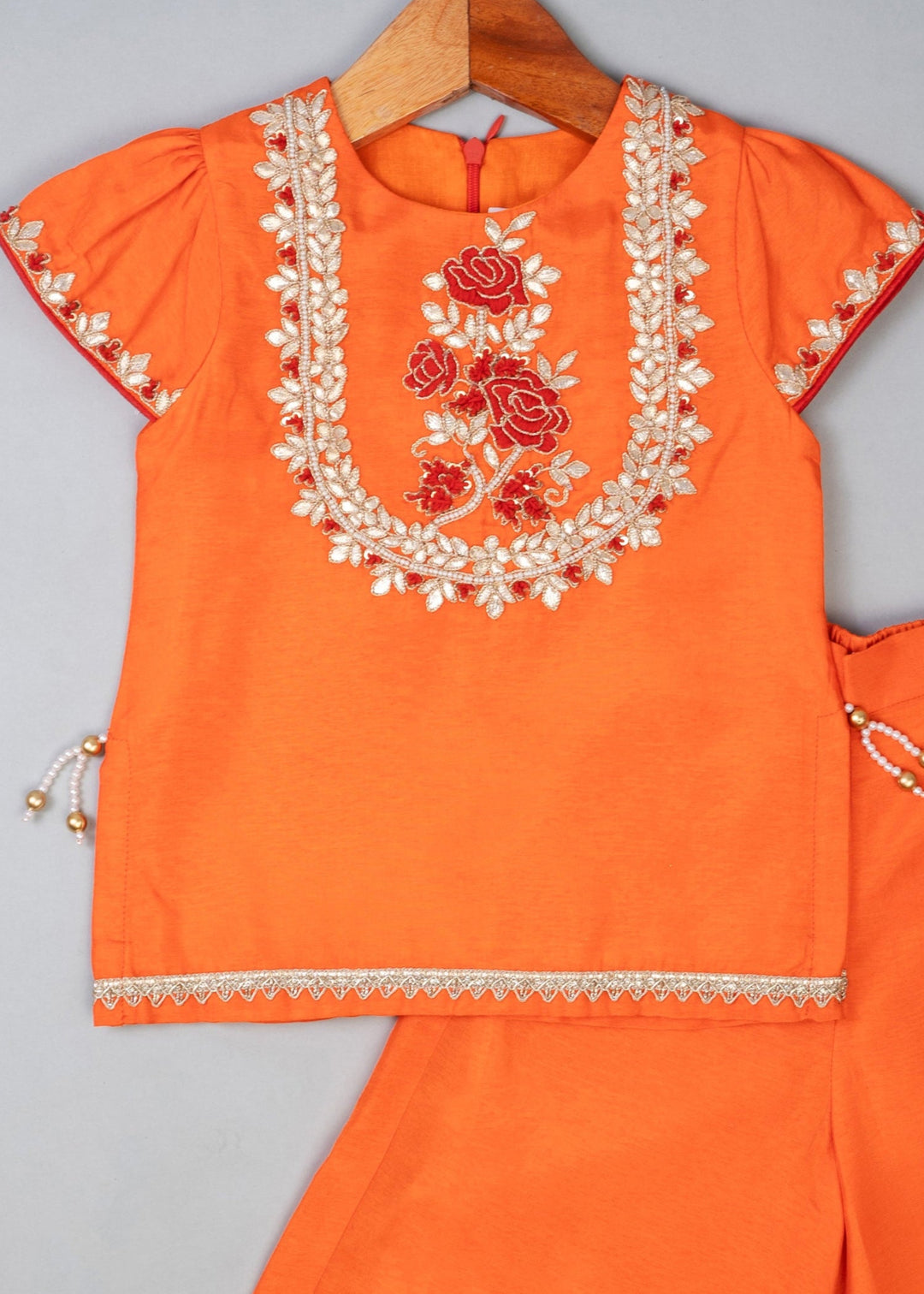 Orange Cotton Knot Embroidered Top With Palazzo Set