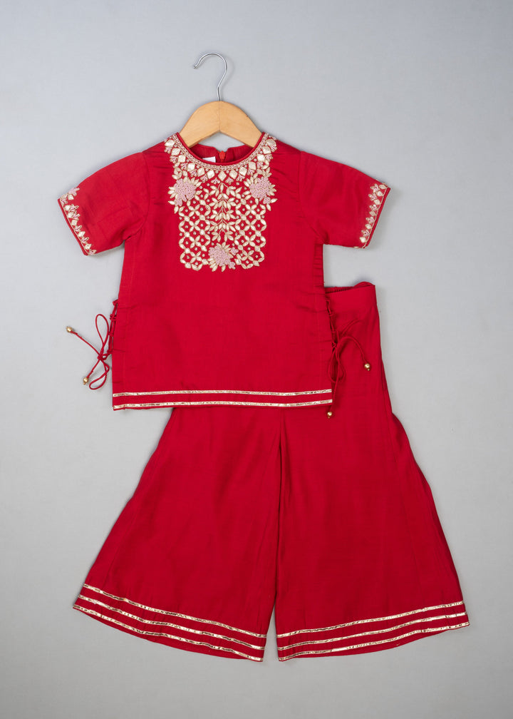 Red Cotton Knot Embroidered Kurta With Palazzo Set