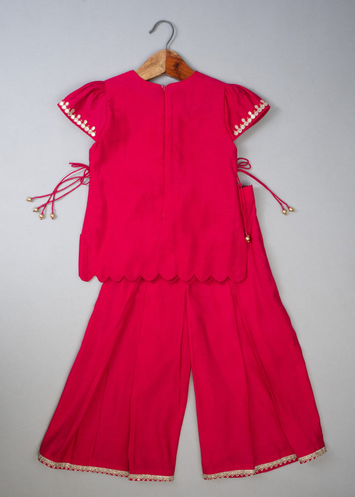 Pink Cotton Knot Embroidered Top With Palazzo Set