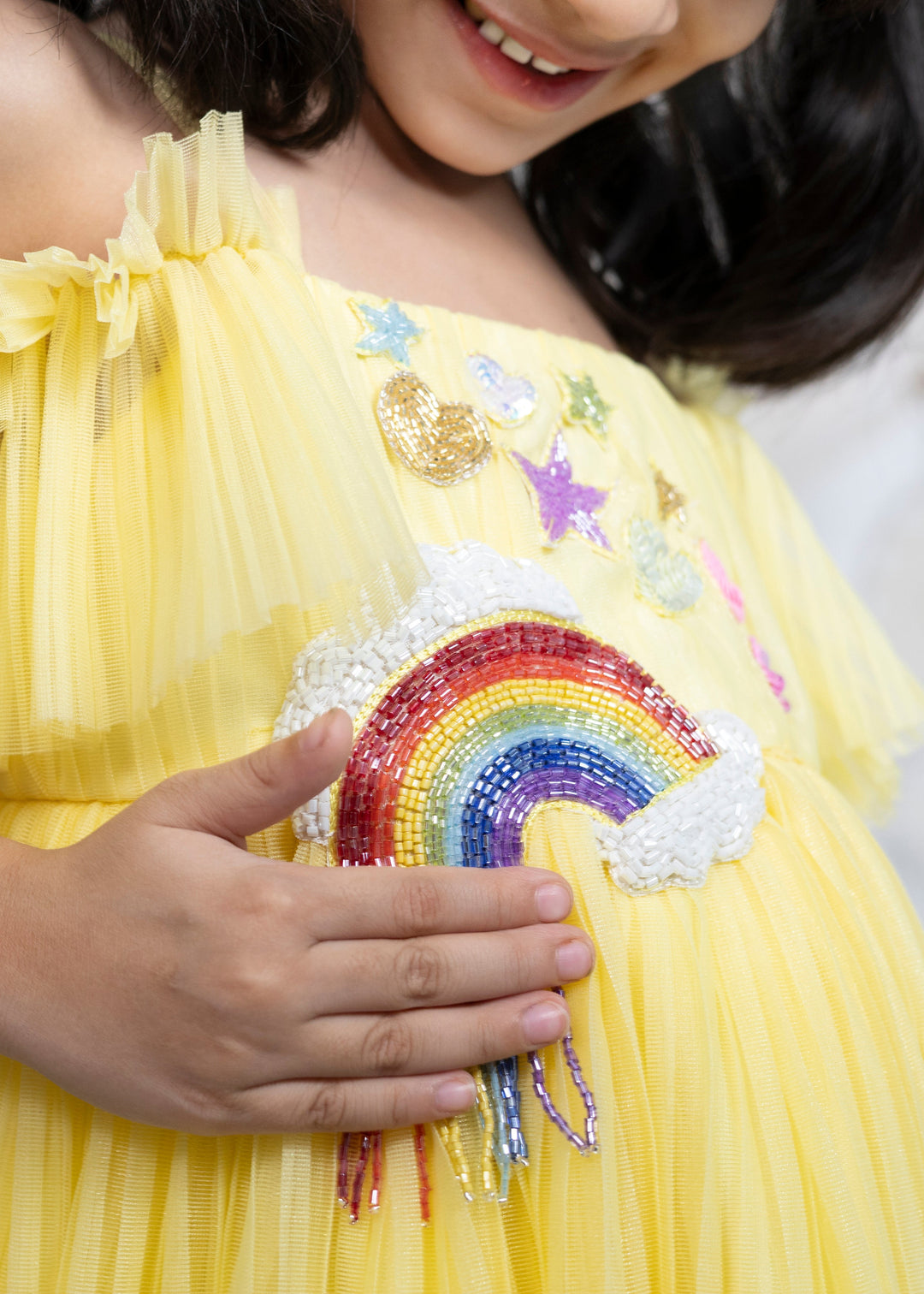 Yellow Pleated Net Rainbow Flared Dress
