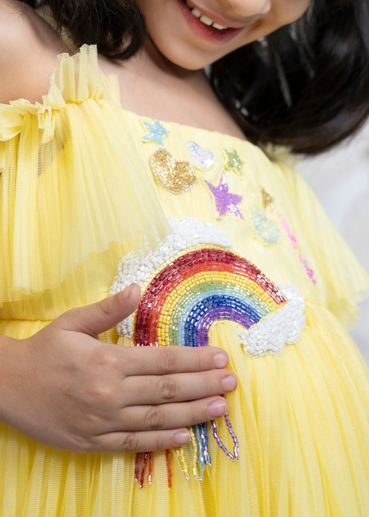 Yellow Pleated Net Rainbow Flared Dress