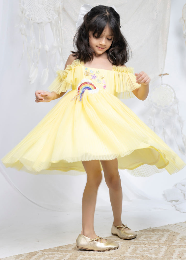 Yellow Pleated Net Rainbow Flared Dress