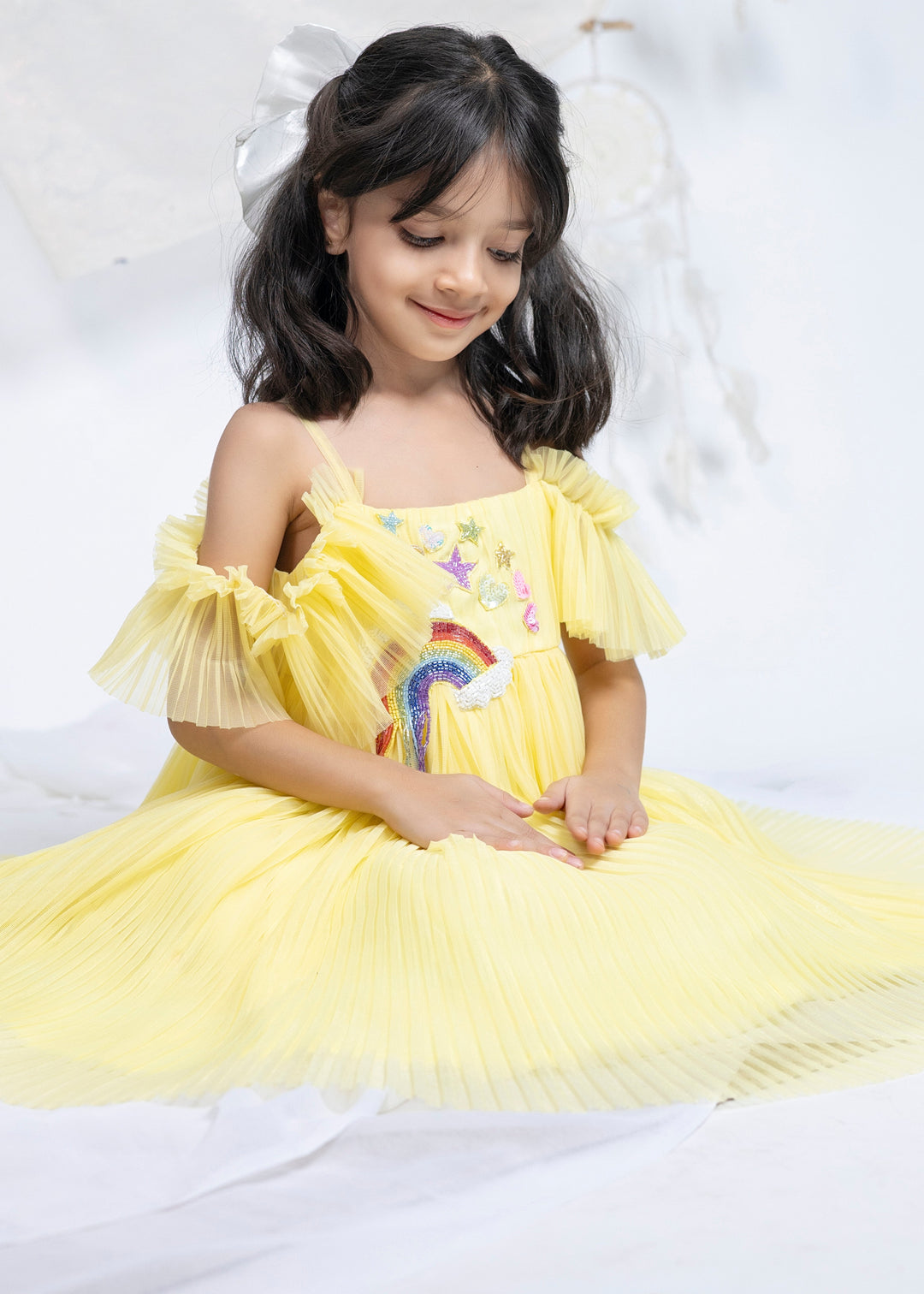 Yellow Pleated Net Rainbow Flared Dress
