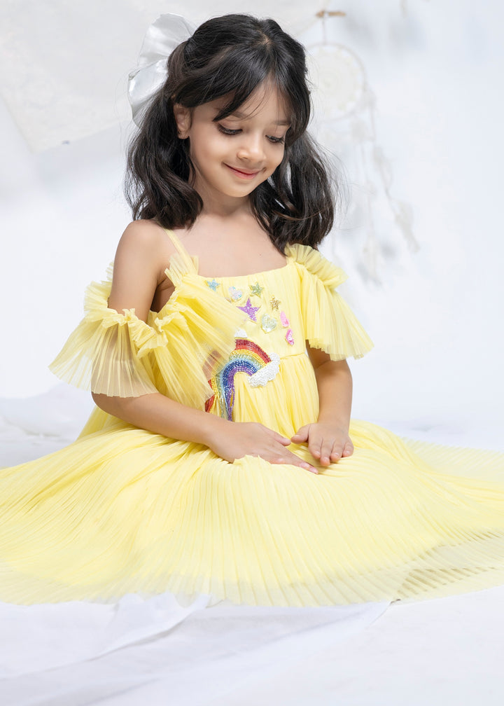 Yellow Pleated Net Rainbow Flared Dress