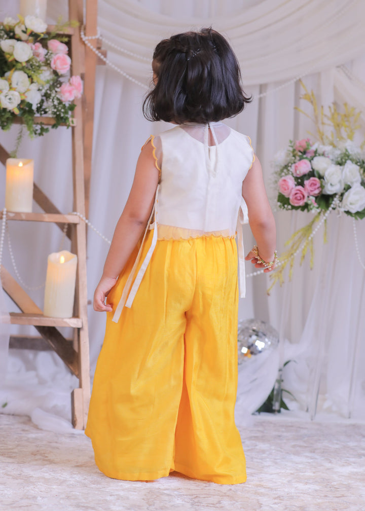 Off White Roman Silk Butterfly Cape Top With Mustard Palazzo Set