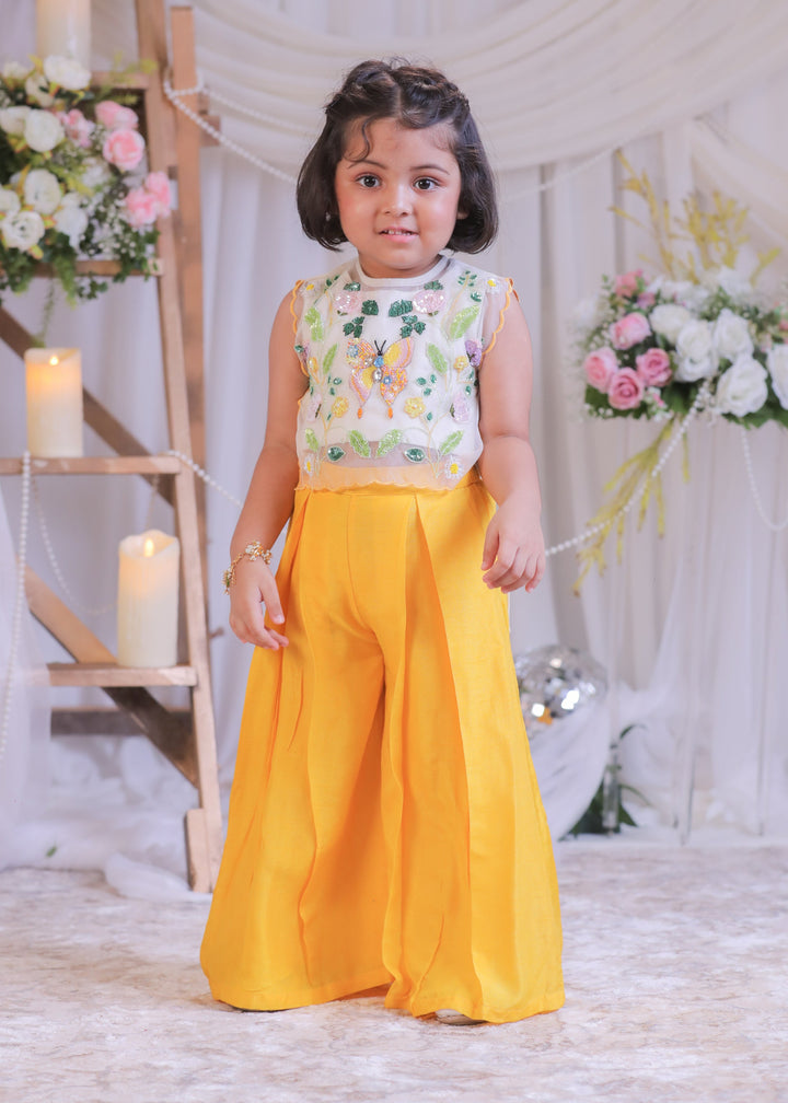 Off White Roman Silk Butterfly Cape Top With Mustard Palazzo Set