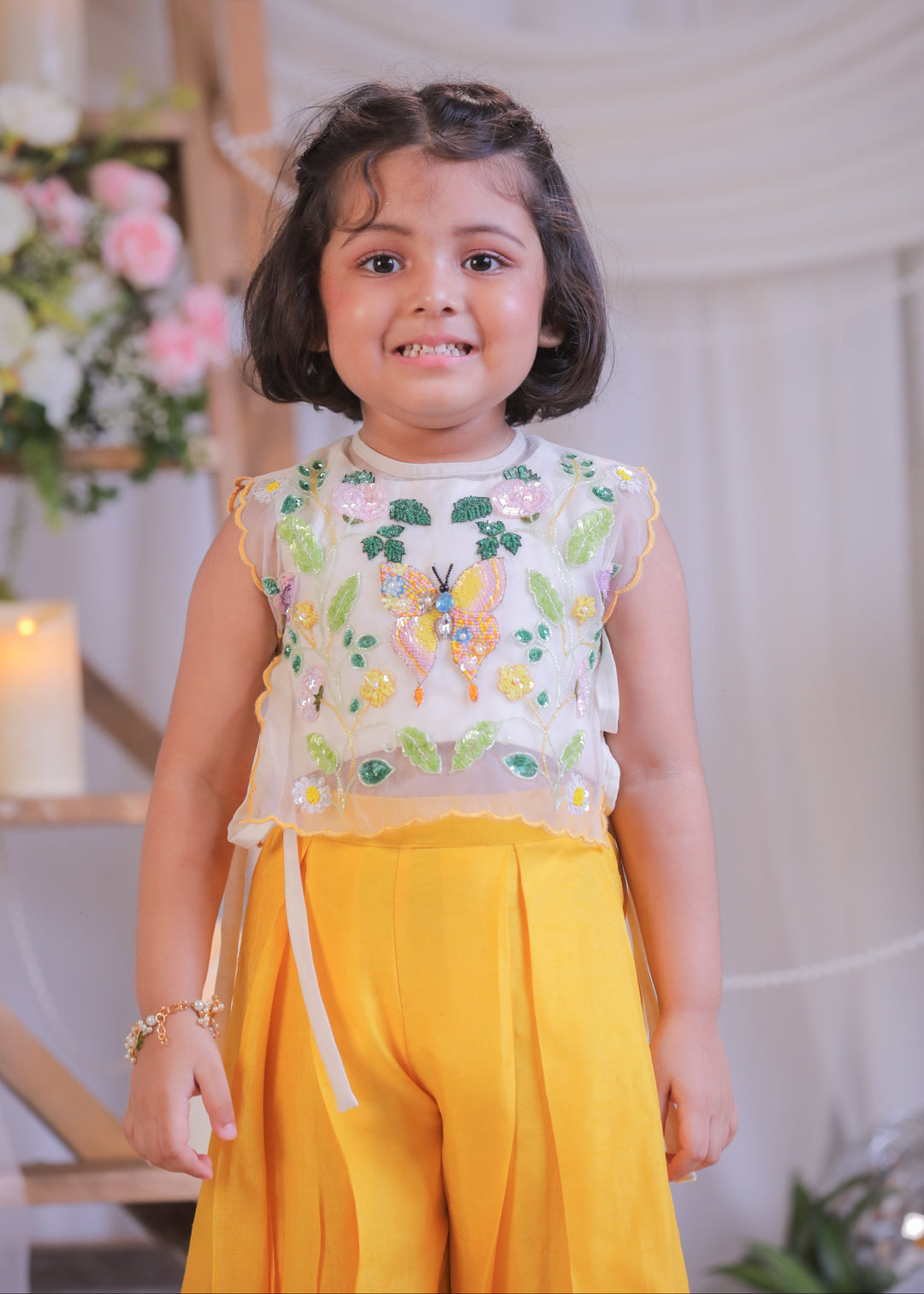 Off White Roman Silk Butterfly Cape Top With Mustard Palazzo Set