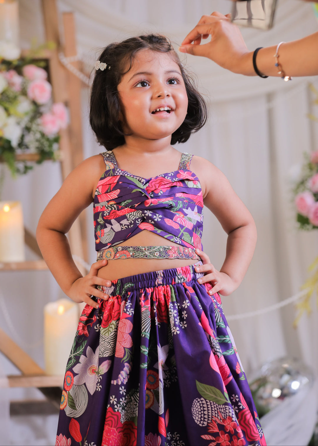 Purple Silk Printed Knot Top With Ghagra Set