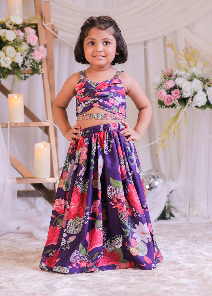 Purple Silk Printed Knot Top With Ghagra Set