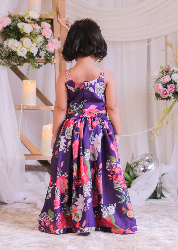 Purple Silk Printed Knot Top With Ghagra Set