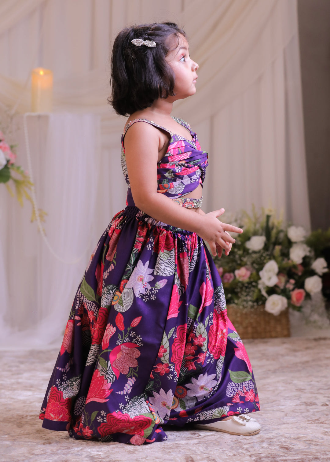 Purple Silk Printed Knot Top With Ghagra Set