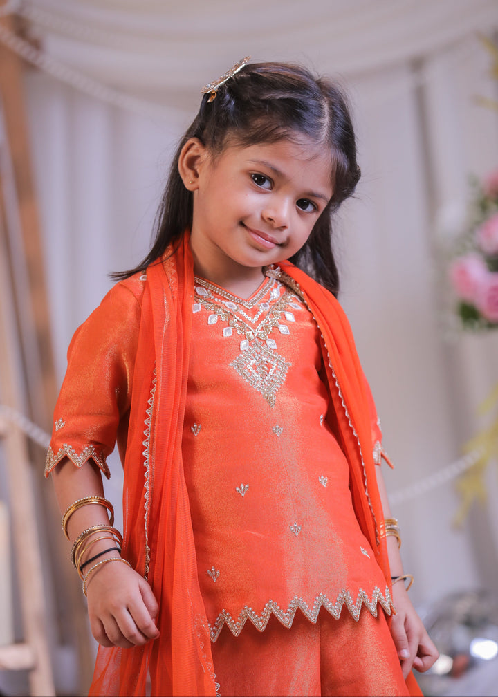 Orange Shimmer Silk Kurta With Sharara Set