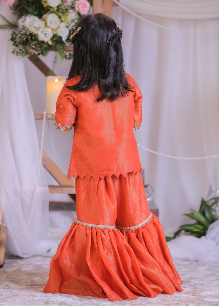 Orange Shimmer Silk Kurta With Sharara Set