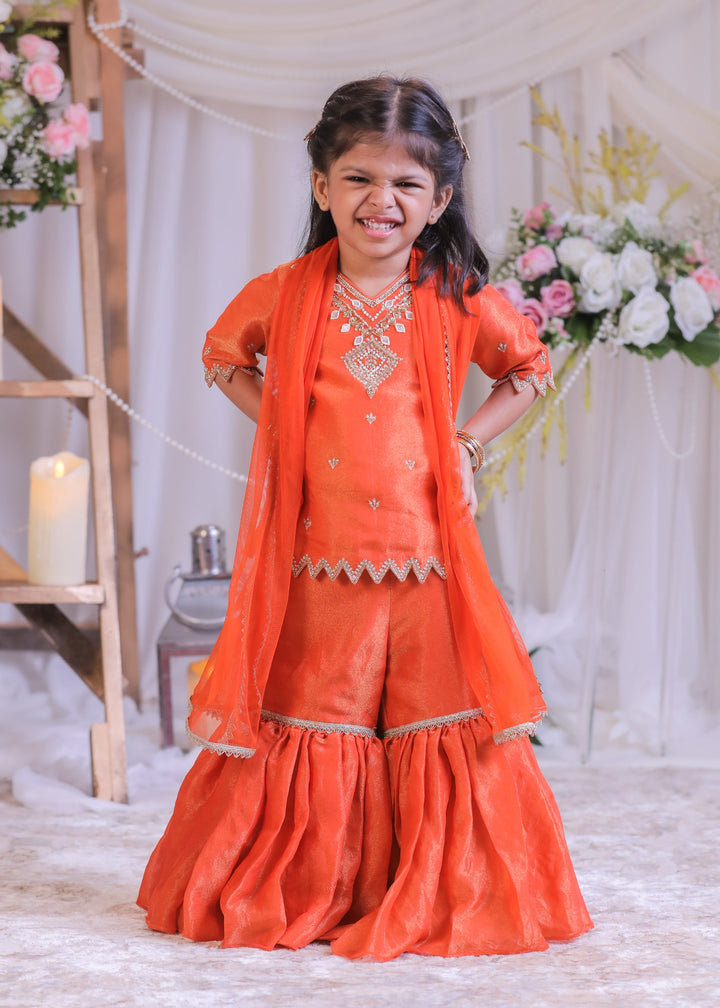 Orange Shimmer Silk Kurta With Sharara Set