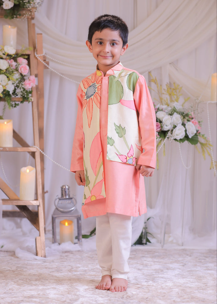 Peach And Off White Roman Silk Boho Kurta With Churidar Set