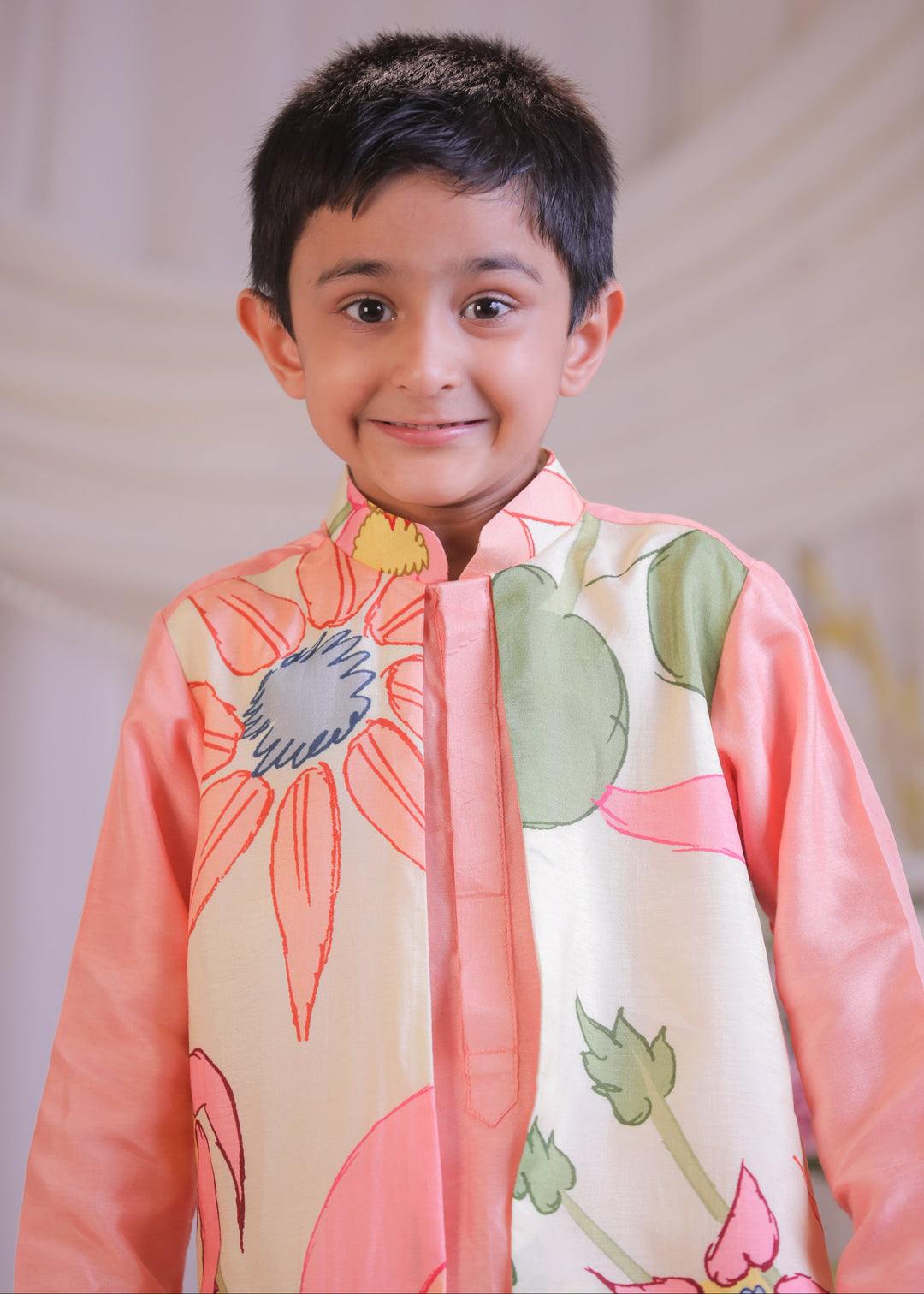 Peach And Off White Roman Silk Boho Kurta With Churidar Set