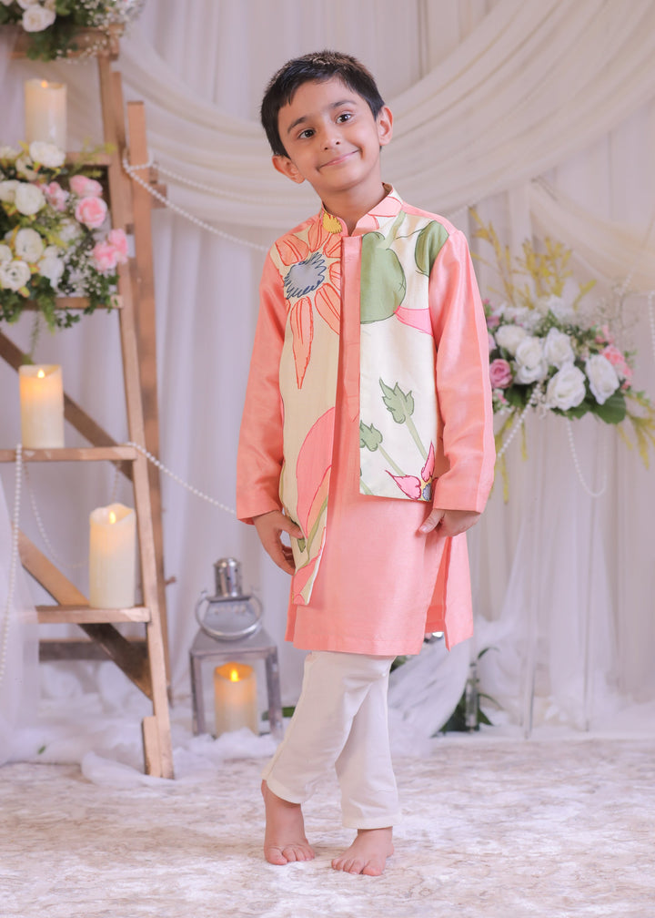 Peach And Off White Roman Silk Boho Kurta With Churidar Set