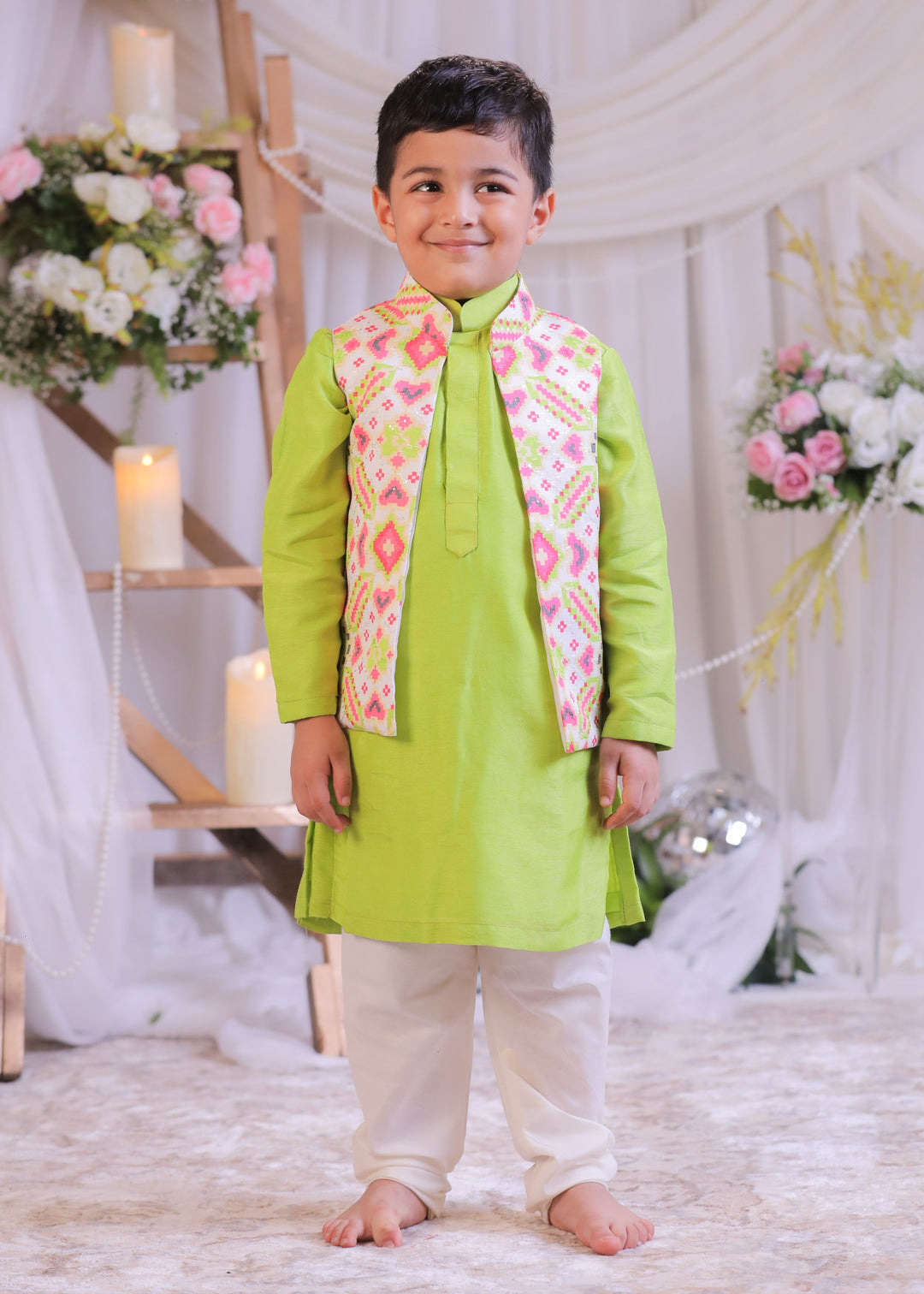 White Green Ikkat Roman Silk Kurta With Churidar And Nehru Jacket Set