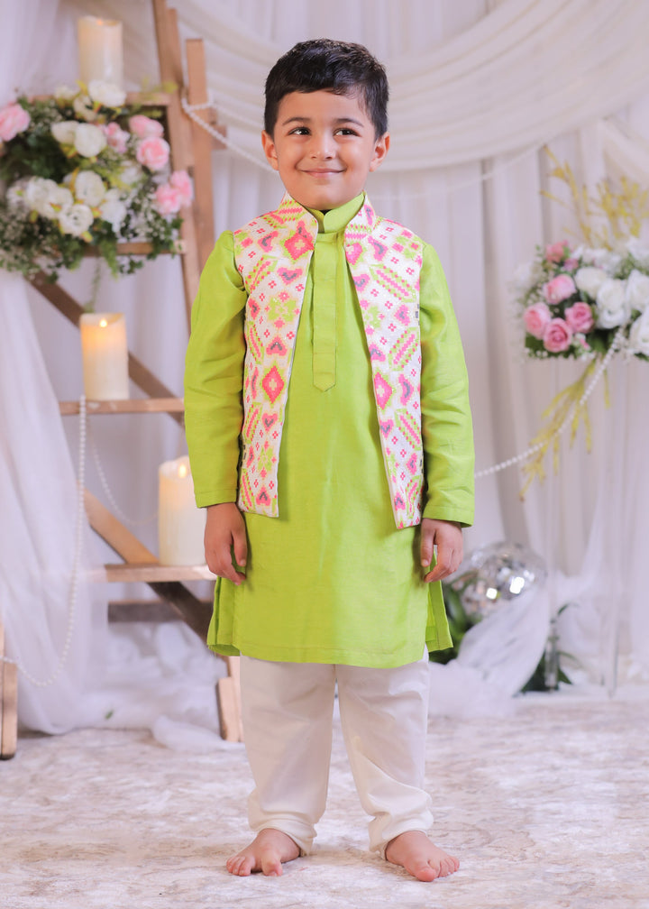 White Green Ikkat Roman Silk Kurta With Churidar And Nehru Jacket Set