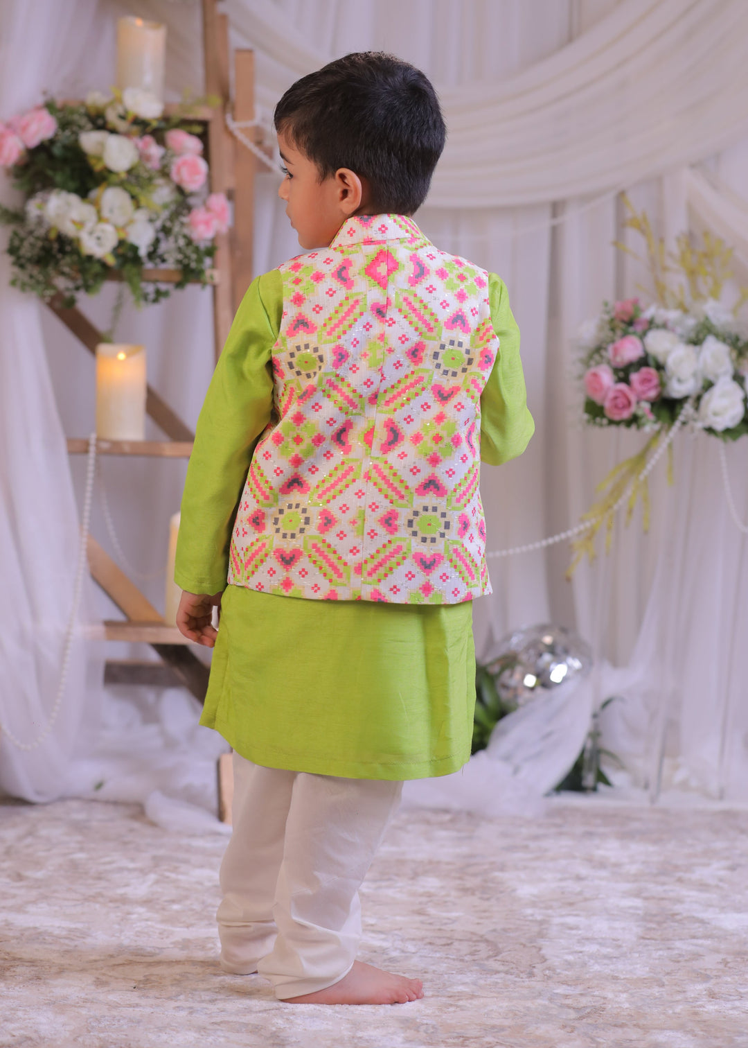 White Green Ikkat Roman Silk Kurta With Churidar And Nehru Jacket Set