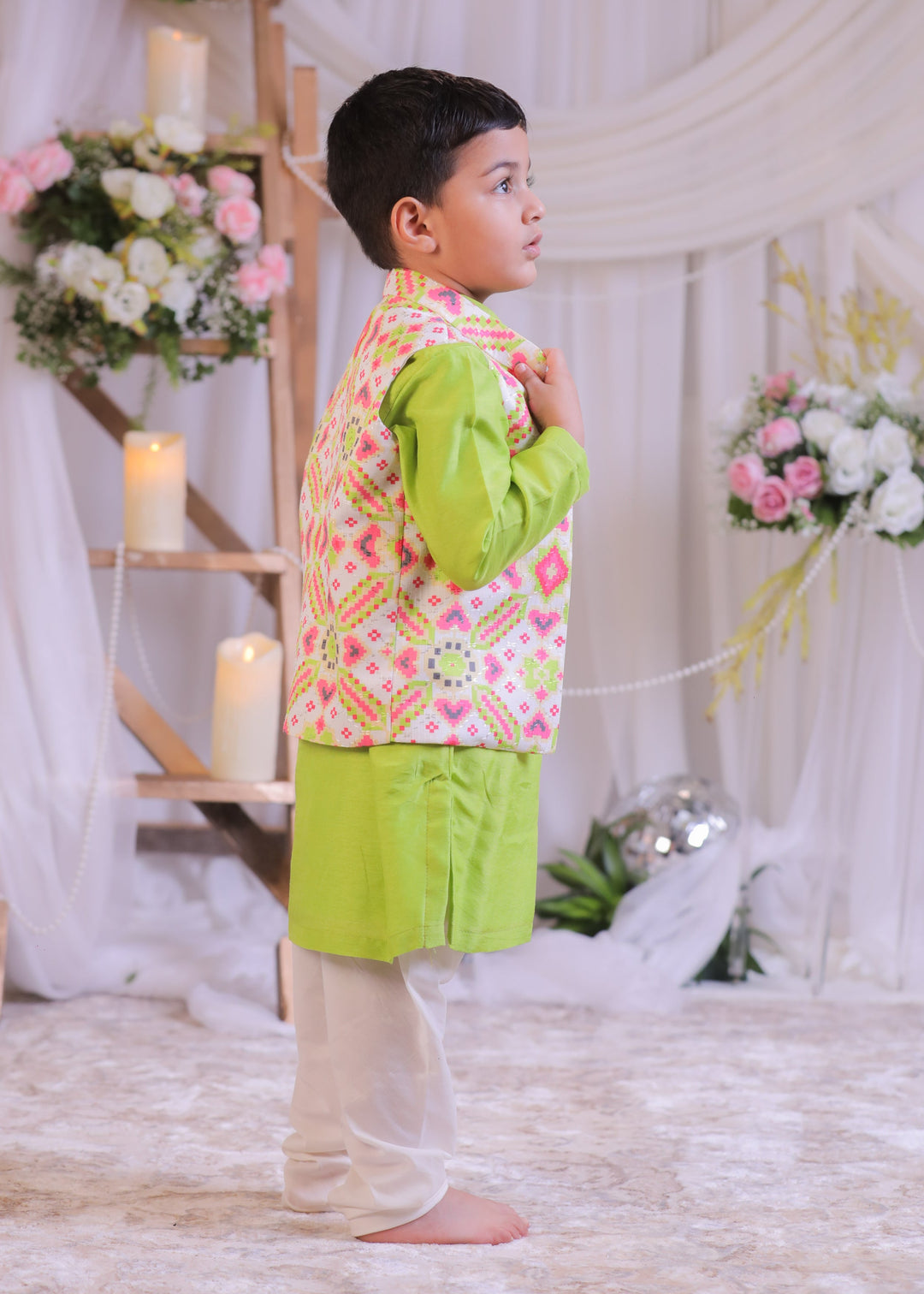 White Green Ikkat Roman Silk Kurta With Churidar And Nehru Jacket Set