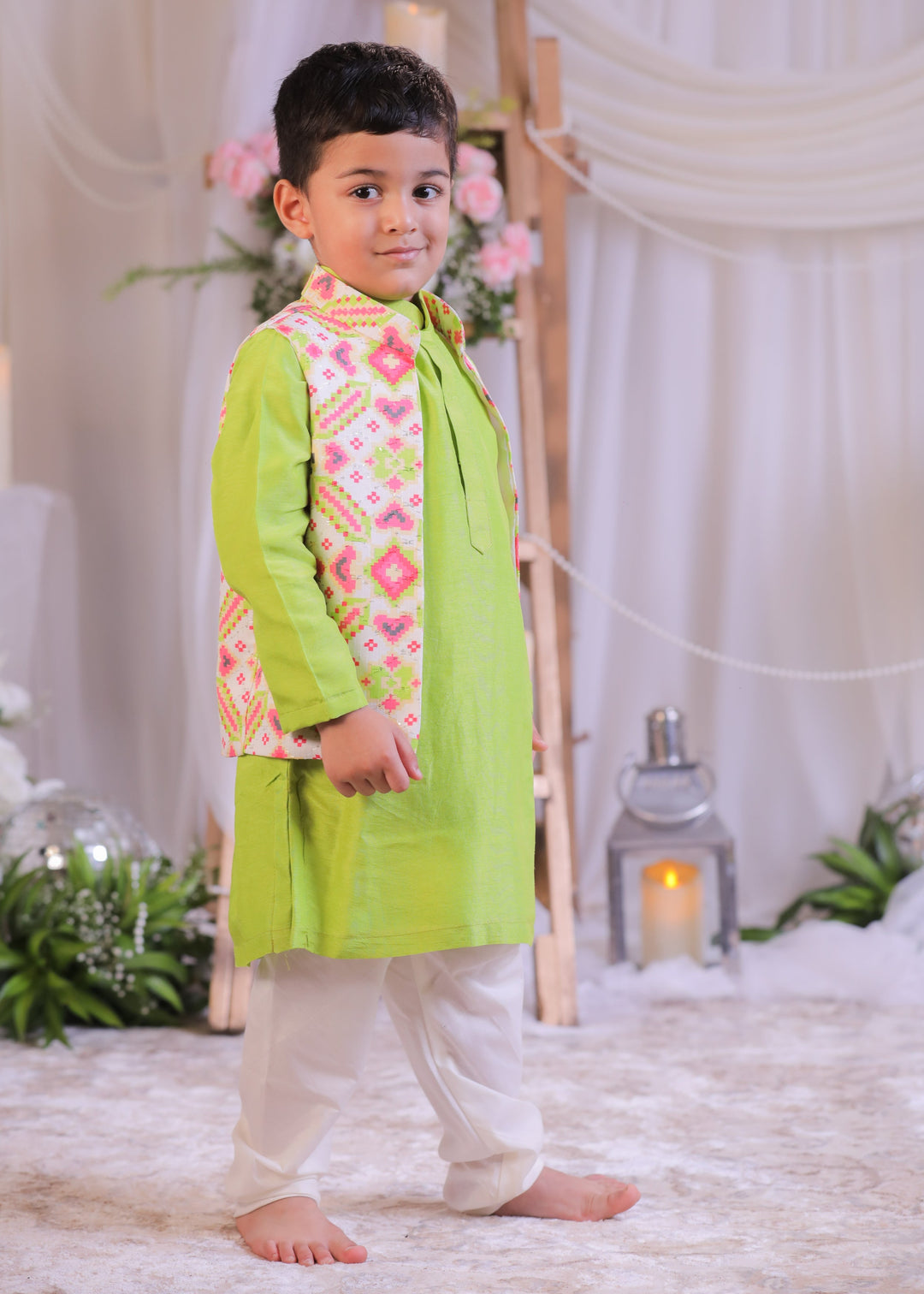 White Green Ikkat Roman Silk Kurta With Churidar And Nehru Jacket Set