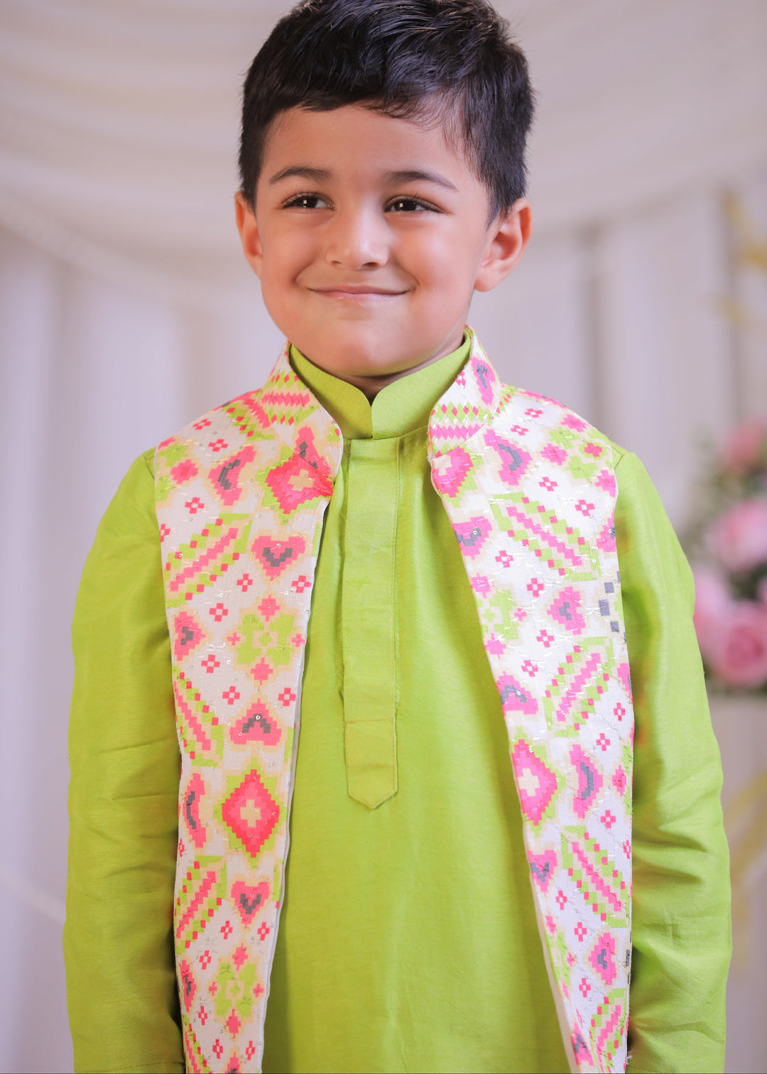 White Green Ikkat Roman Silk Kurta With Churidar And Nehru Jacket Set