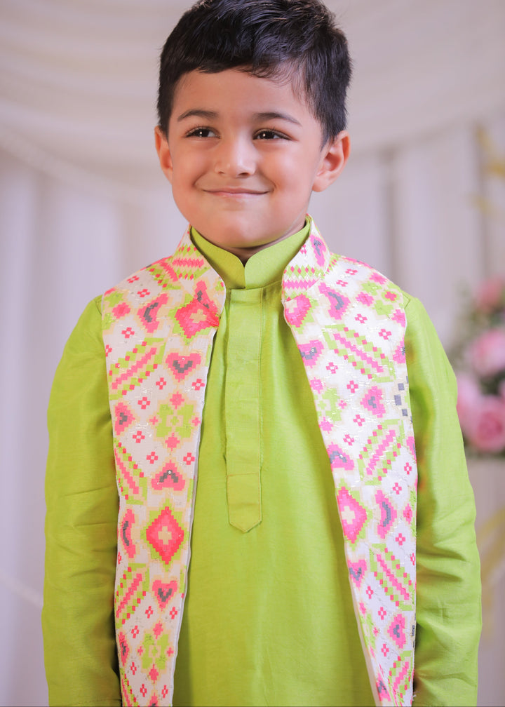 White Green Ikkat Roman Silk Kurta With Churidar And Nehru Jacket Set