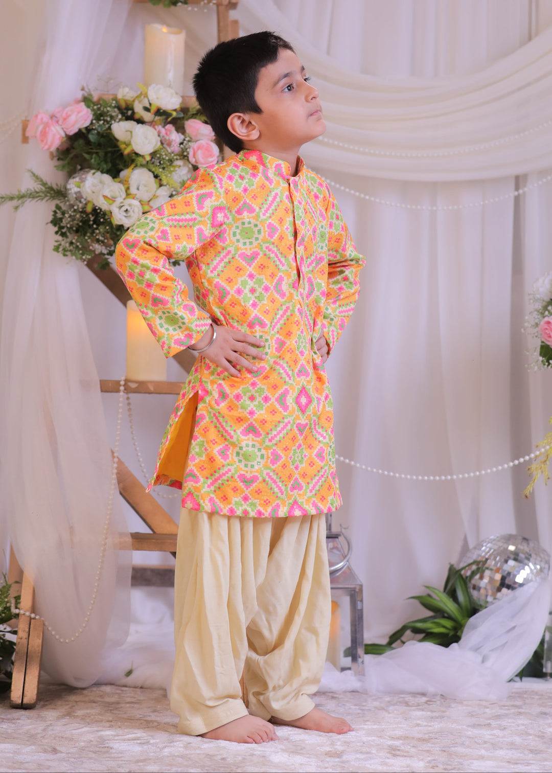 Orange Ikkat Embroidered Weaved Silk Kurta With Patiala Set