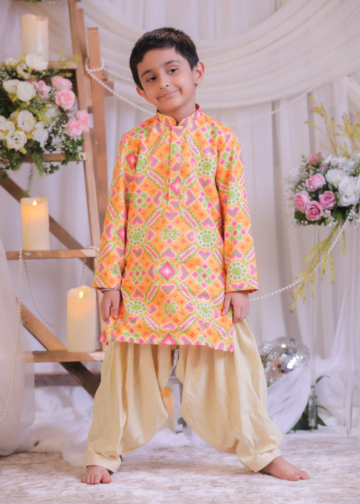 Orange Ikkat Embroidered Weaved Silk Kurta With Patiala Set