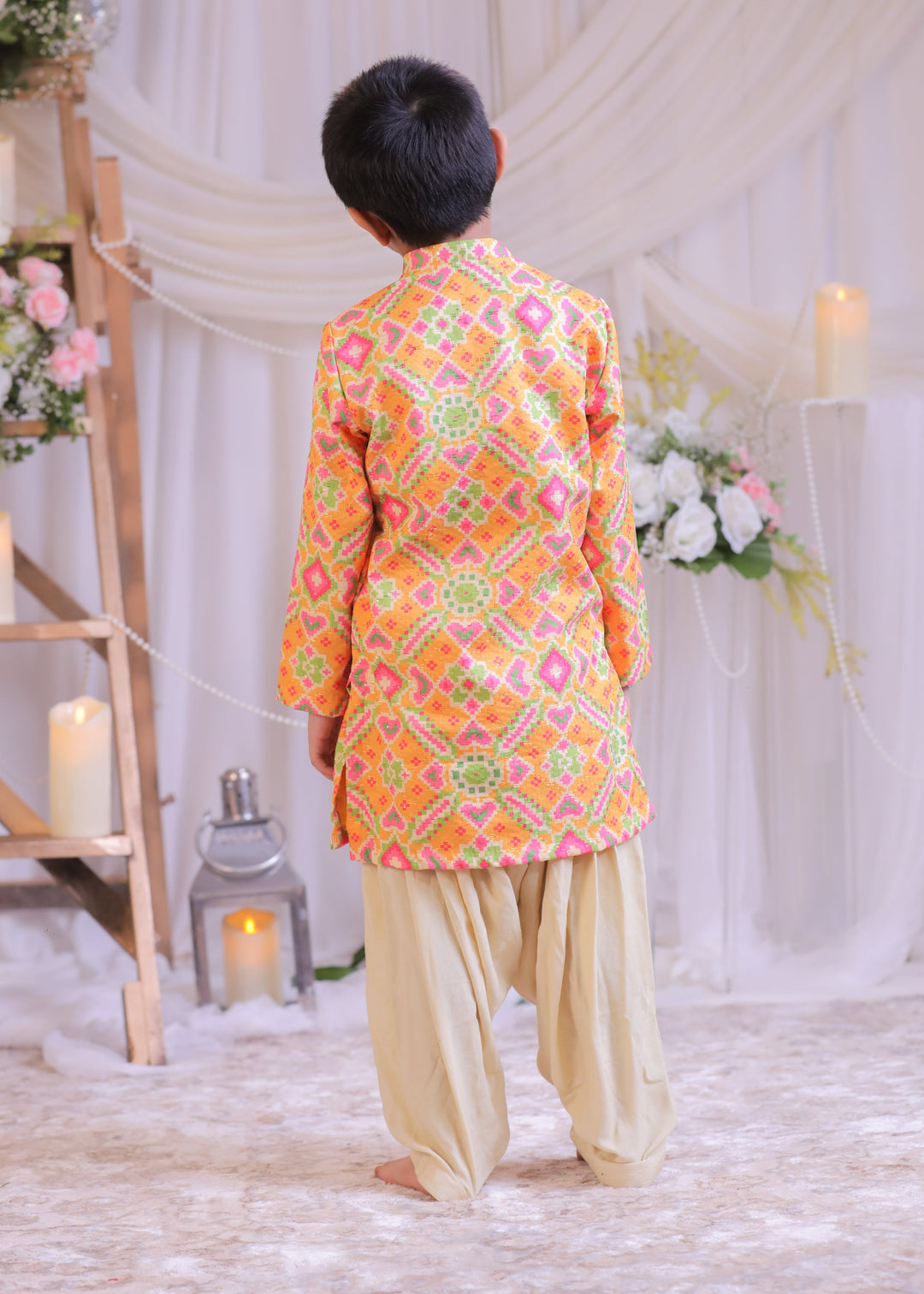 Orange Ikkat Embroidered Weaved Silk Kurta With Patiala Set