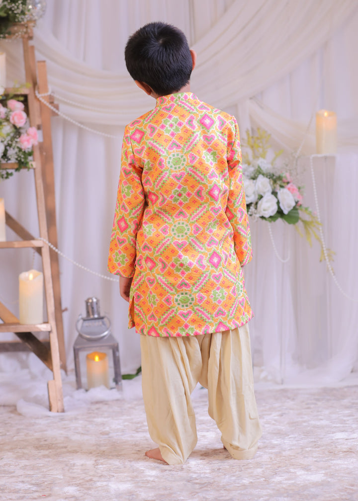 Orange Ikkat Embroidered Weaved Silk Kurta With Patiala Set