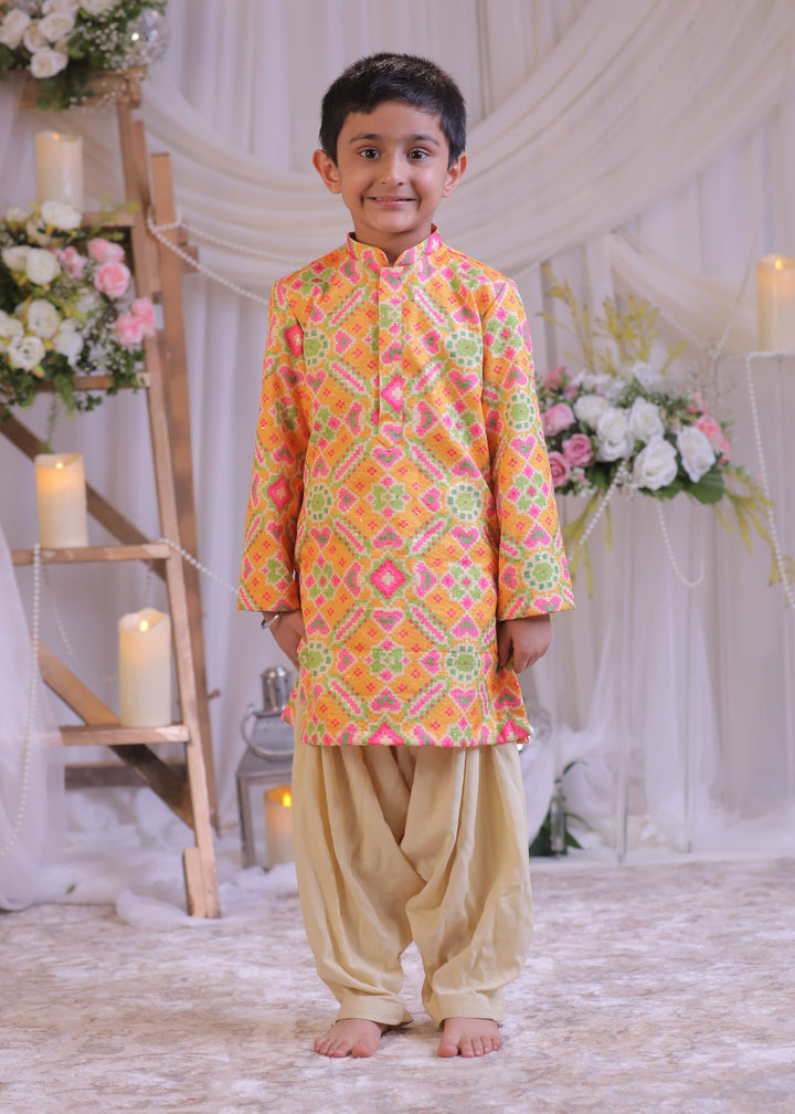 Orange Ikkat Embroidered Weaved Silk Kurta With Patiala Set