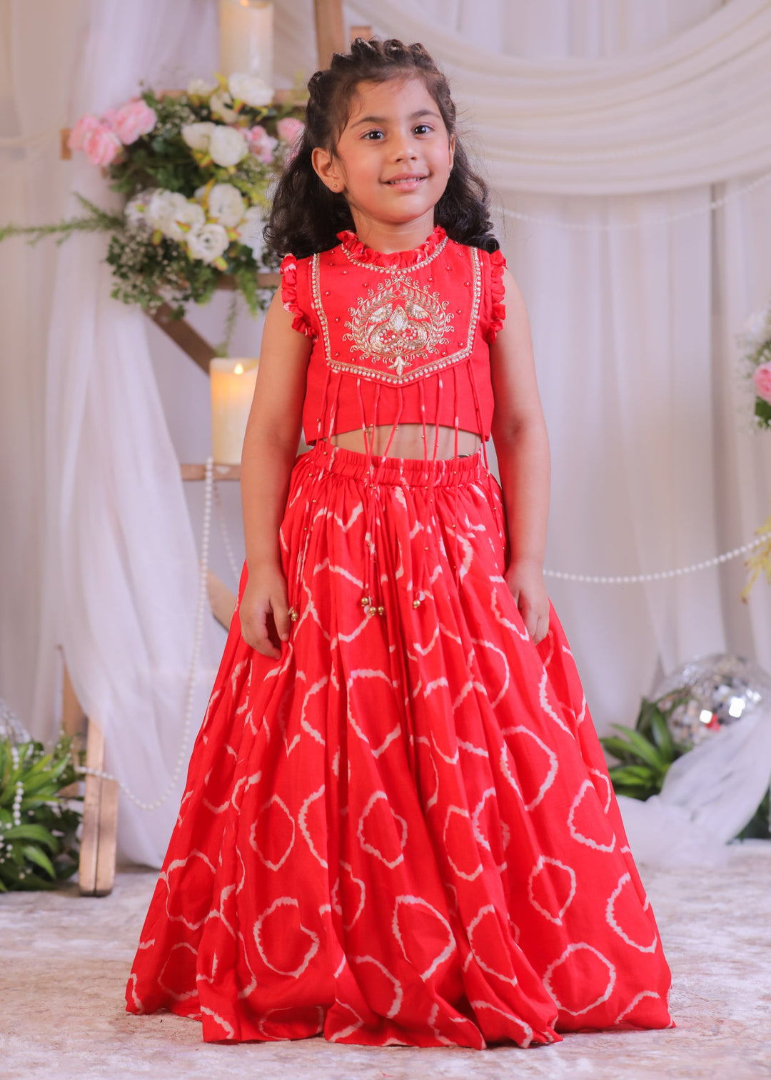 Red Bandhej Embroidered Top With Ghagra Set