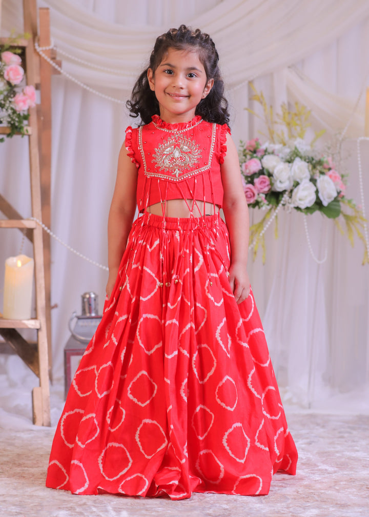 Red Bandhej Embroidered Top With Ghagra Set