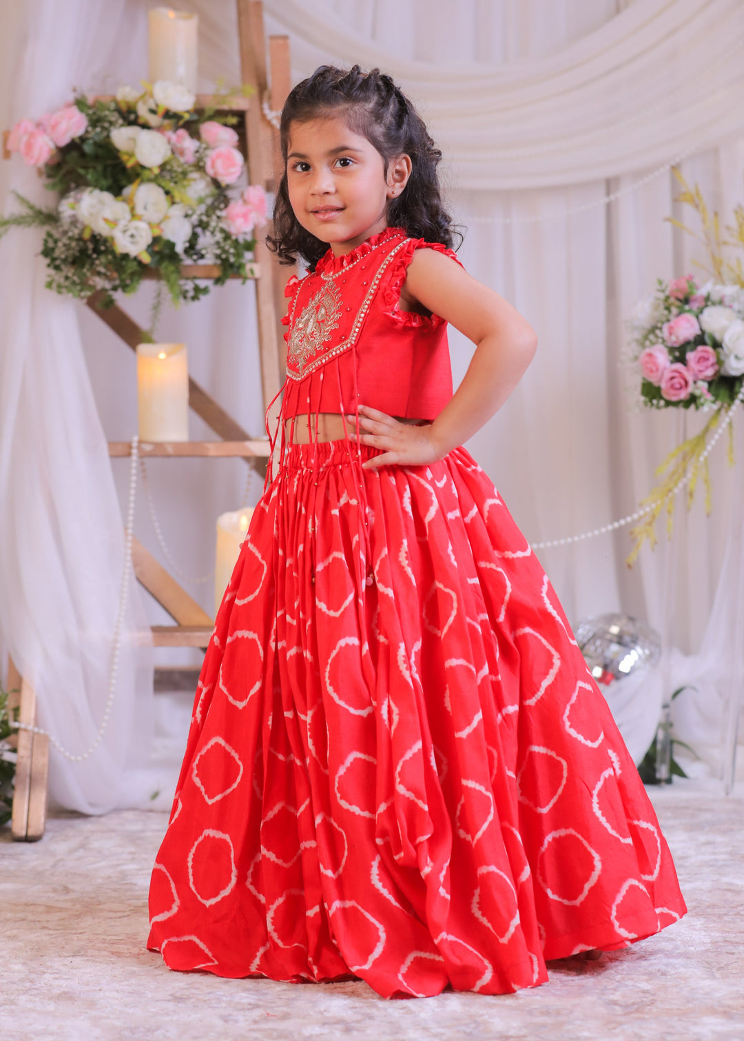 Red Bandhej Embroidered Top With Ghagra Set